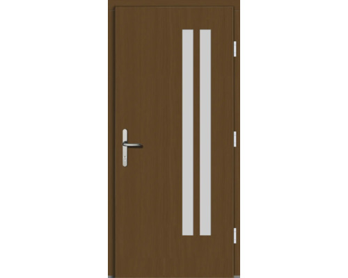 Braune Innentür mit zwei Glaseinsätzen und Türgriff.