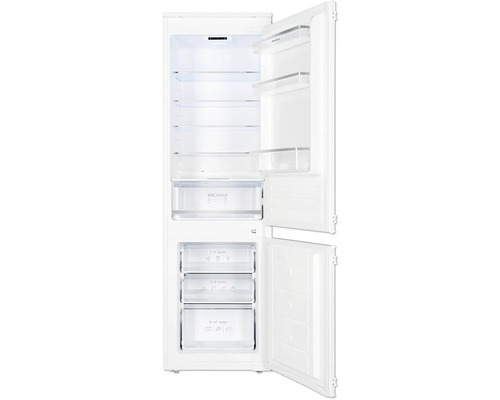 Geöffneter Kühlschrank mit Regalen und Schubladen