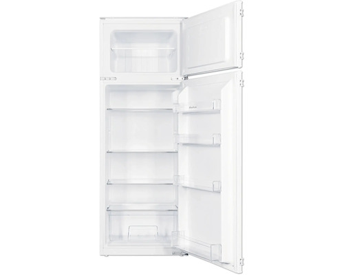 Geöffneter Kühlschrank mit Gefrierfach und Regalen