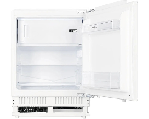 Geöffneter, weißer Kühlschrank mit Gefrierfach und Einlegeböden