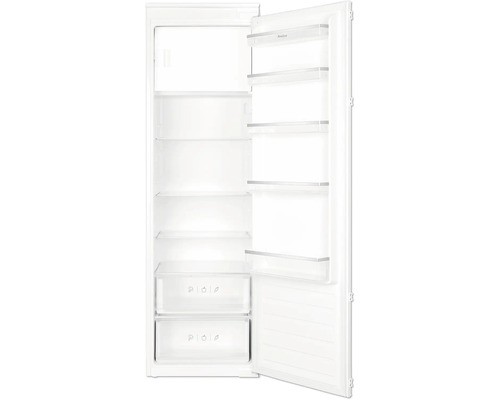 Geöffneter, weißer Kühlschrank mit Regalen und Schubladen