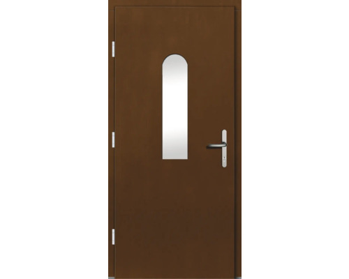 Braune Innentür mit länglichem Sichtfenster und silberfarbener Türklinke.