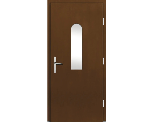 Braune Innentür mit Langschild und ovalem Glaseinsatz.