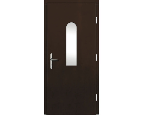 Braune Tür mit Türgriff und Glasausschnitt