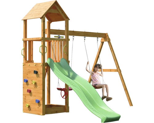 Spielturm aus Holz mit Rutsche, Schaukel und Kletterwand