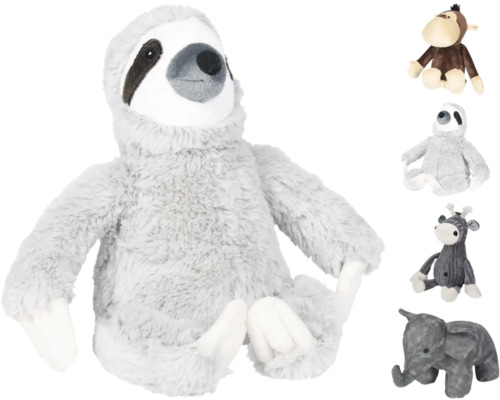 Verschiedene Kuscheltiere, darunter Faultier, Affe, Giraffe und Elefant