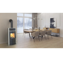 Wohnraum mit Kaminofen, Esstisch und Stühlen unter einer Hängelampe.