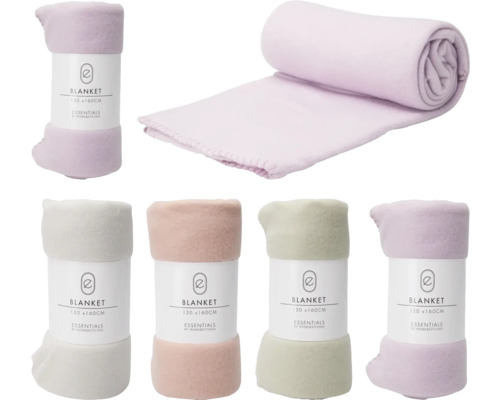 Verschiedenfarbige Fleece Decken, 130 x 160 cm, gerollt und gestapelt.