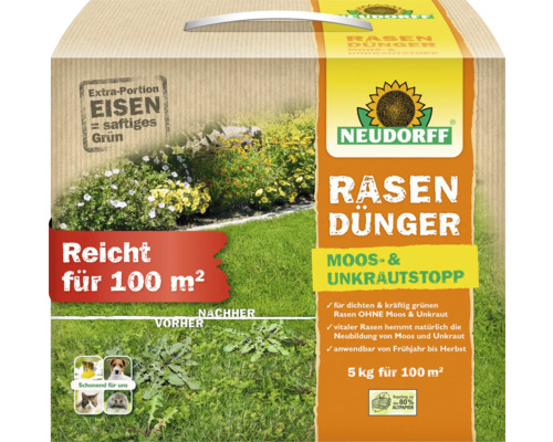 Rasendünger Neudorff Moos- und Unkrautstop mit Eisen und Kalium 5 kg 100 m² organisch-mineralisch