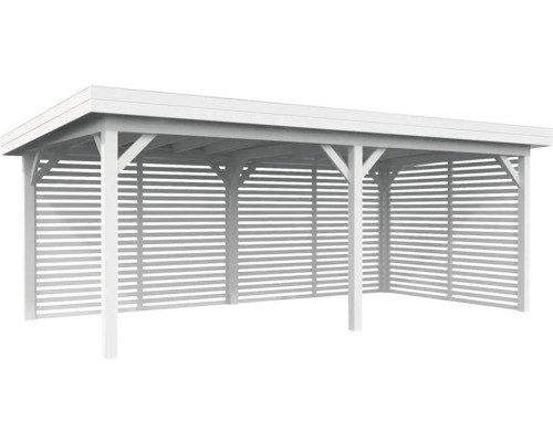 Pavillon Palmako Lenna 16,6 m² Set 309 inkl. Lamellenwänden 588 x 300 cm weiß Weißer Carport aus Holz mit Lamellenwänden.