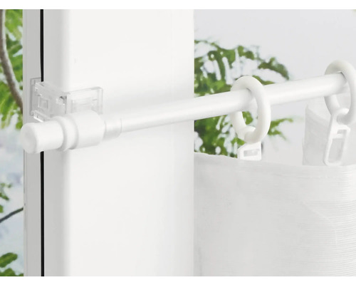 Caféhausstange ausziehbar aura weiß 135-225 cm Ø 13 mm Gardinenstange mit Ringen und transparenten Gardinenclips zur Befestigung am Fenster