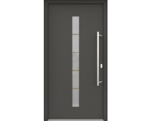 ARON HaustürBasic 3111 Aluminium-Kunststoff-Verbund RAL 7016 anthrazitgrau 1000x2100 mm einseitig flügelüberdeckend DIN Rechts inkl.Stoßgriffset,Innendrücker in Edelstahl,Profilzylinder mit 3 Schlüsseln Graue Haustür mit Glaseinsatz und Edelstahlgriff