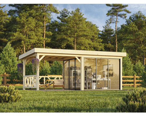 Pavillon Palmako Lenna Slide 16,6 m² Set 403 inkl. Geländer 588 x 300 cm natur Holzgartenhaus mit Terrasse und Glasfront im Garten