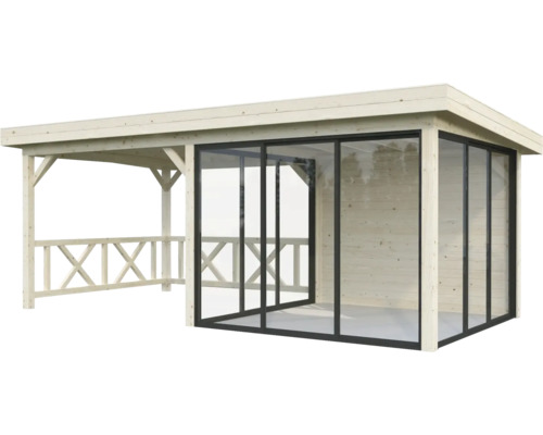 Holzpavillon mit Glasschiebetüren und Geländer