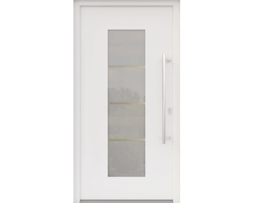 ARON HaustürARON 3141 Aluminium-Kunststoff-Verbund RAL 9016 verkehrsweiß 1100x2100 mm einseitig flügelüberdeckend DIN Rechts inkl.Stoßgriffset,Innendrücker in Edelstahl,Profilzylinder mit 3 Schlüsseln Weiße Haustür mit Glaseinsatz und Griff
