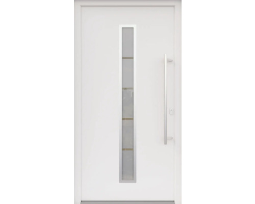 ARON HaustürARON 3161 Aluminium-Kunststoff-Verbund RAL 9016 verkehrsweiß 1000x2100 mm einseitig flügelüberdeckend DIN Rechts inkl.Stoßgriffset,Innendrücker in Edelstahl,Profilzylinder mit 3 Schlüsseln Weiße Haustür mit Glaseinsatz und Griff