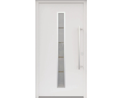 ARON HaustürARON 3161 Aluminium-Kunststoff-Verbund RAL 9016 verkehrsweiß 1100x2100 mm einseitig flügelüberdeckend DIN Rechts inkl.Stoßgriffset,Innendrücker in Edelstahl,Profilzylinder mit 3 Schlüsseln Weiße Haustür mit Glaseinsatz und Edelstahlgriff