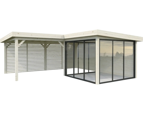Pavillon Palmako Lenna Slide 24,9 m² Set 411 588 x 588 cm tauchimprägniert Holz Gartenhaus mit Glasfront und seitlichem Holzlamellen-Anbau