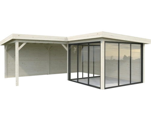 Pavillon Palmako Lenna Slide 24,9 m² Set 412 588 x 588 cm tauchimprägniert Gartenhaus mit Anbau und Fensterfront