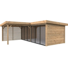 Holz Gartenhaus mit Glasfront und Lamellenwand für den Außenbereich