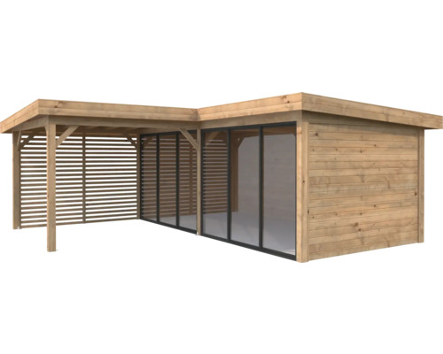 Holz Gartenhaus mit Glasfront und Lamellenwand für den Außenbereich