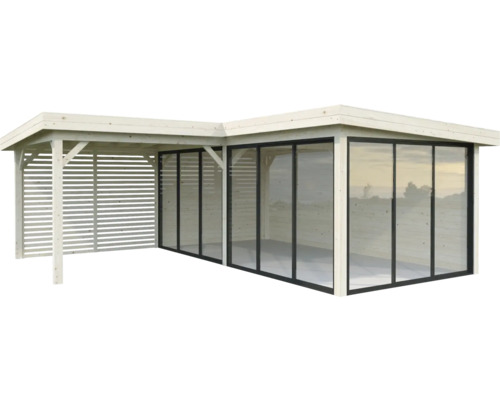 Holzgartenhaus mit Glasschiebetüren und Lamellenwand