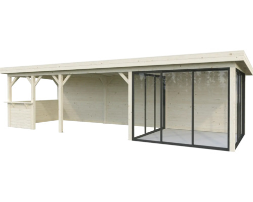 Überdachter Sitzplatz aus Holz mit Verglasung