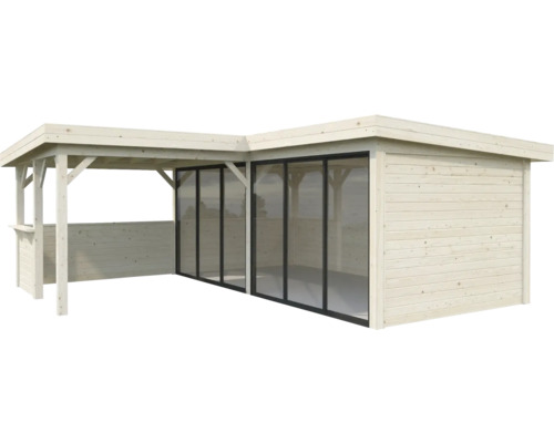 Pavillon Palmako Lenna Slide 24,9 m² Set 422 588 x 588 cm tauchimprägniert Gartenhaus mit Glasschiebetüren und überdachter Terrasse aus Holz