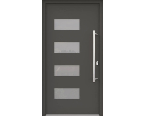 ARON HaustürBasic 3121 Aluminium-Kunststoff-Verbund RAL 7016 anthrazitgrau 1100x2100 mm beidseitig flügelüberdeckend DIN Rechts inkl.Stoßgriffset,Innendrücker in Edelstahl,Profilzylinder mit 3 Schlüsseln Haustür mit vier rechteckigen Glaseinsätzen und Stangengriff