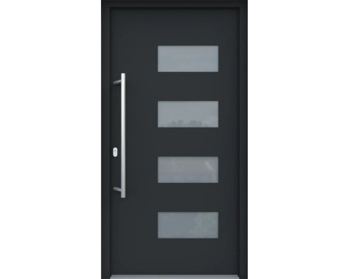 ARON HaustürBasic 3121 Aluminium-Kunststoff-Verbund RAL 7016 anthrazitgrau 1100x2100 mm beidseitig flügelüberdeckend DIN Links inkl.Stoßgriffset,Innendrücker in Edelstahl,Profilzylinder mit 3 Schlüsseln Moderne Haustür mit vier rechteckigen Glaseinsätzen und Edelstahlgriff.