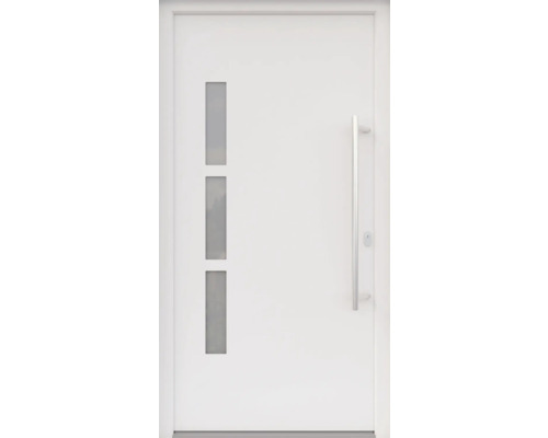 ARON HaustürBasic 3131 Aluminium-Kunststoff-Verbund RAL 9016 verkehrsweiß 1000x2000 mm beidseitig flügelüberdeckend DIN Rechts inkl.Stoßgriffset,Innendrücker in Edelstahl,Profilzylinder mit 3 Schlüsseln Weiße Haustür mit drei Glaseinsätzen und Edelstahlgriff