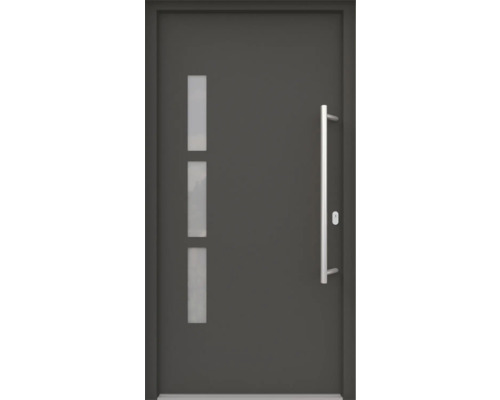 ARON HaustürBasic 3131 Aluminium-Kunststoff-Verbund RAL 7016 anthrazitgrau 1000x2000 mm beidseitig flügelüberdeckend DIN Rechts inkl.Stoßgriffset,Innendrücker in Edelstahl,Profilzylinder mit 3 Schlüsseln Graue Haustür mit drei Fenstern und einem Griff