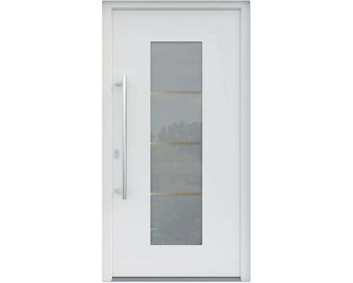 ARON HaustürARON 3141 Aluminium-Kunststoff-Verbund RAL 9016 verkehrsweiß 1000x2100 mm beidseitig flügelüberdeckend DIN Links inkl.Stoßgriffset,Innendrücker in Edelstahl,Profilzylinder mit 3 Schlüsseln Weiße Haustür mit Glaseinsatz und Griff