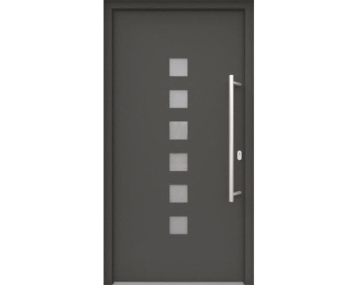 ARON HaustürARON 3151 Aluminium-Kunststoff-Verbund RAL 7016 anthrazitgrau 1000x2100 mm beidseitig flügelüberdeckend DIN Rechts inkl.Stoßgriffset,Innendrücker in Edelstahl,Profilzylinder mit 3 Schlüsseln Graue Haustür mit sechs quadratischen Glaseinsätzen und einem Griff aus Metall
