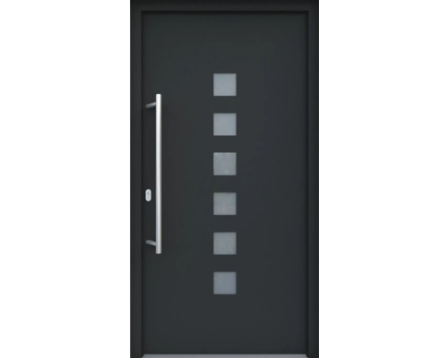 ARON HaustürARON 3151 Aluminium-Kunststoff-Verbund RAL 7016 anthrazitgrau 1000x2100 mm beidseitig flügelüberdeckend DIN Links inkl.Stoßgriffset,Innendrücker in Edelstahl,Profilzylinder mit 3 Schlüsseln Moderne Haustür mit Edelstahlgriff und quadratischen Glaseinsätzen