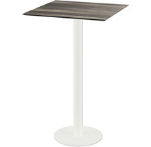 Stehtisch mit quadratischer Tischplatte und weißem Fuß
