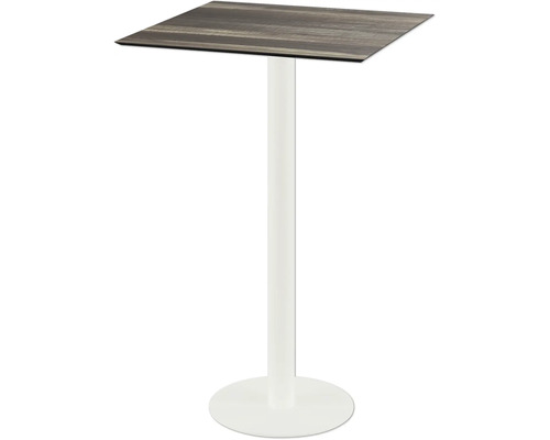 Stehtisch mit quadratischer Tischplatte und weißem Fuß