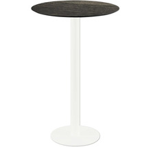 Runder Stehtisch mit Holzplatte und Metallsäule