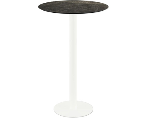 Runder Stehtisch mit Holzplatte und Metallsäule