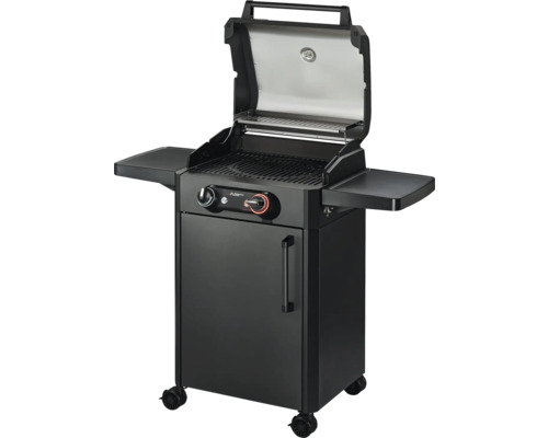 Schwarzer Gasgrill mit offenem Deckel und Seitenablagen