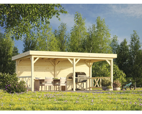 Pavillon Palmako Lenna 16,6 m² Set 308 inkl. Rückwand und Geländer 588 x 300 cm natur