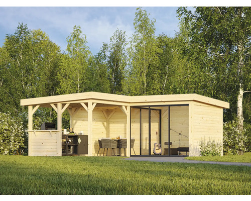 Holzgartenhaus mit Grillbereich, Essbereich und geschlossenem Bereich mit Schiebetüren