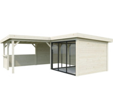 Holz Gartenhaus mit Glasfront und überdachter Terrasse