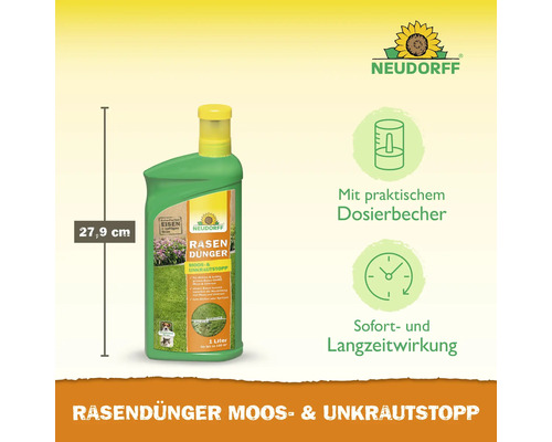 Flasche Neudorff Rasendünger Moos- und Unkrautstopp mit einer Höhe von 27,9 cm