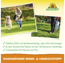 Produktbild Rasendünger Moos- und Unkrautstopp mit spielendem Kind und Hund auf dem Rasen, sowie Person beim Spritzen des Rasens und Neudorff Logo.