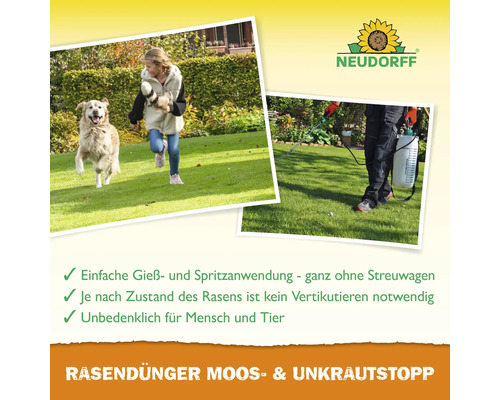 Produktbild Rasendünger Moos- und Unkrautstopp mit spielendem Kind und Hund auf dem Rasen, sowie Person beim Spritzen des Rasens und Neudorff Logo.