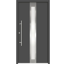 Graue Haustür mit Edelstahlgriff und Lichtausschnitt