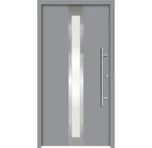Graue Haustür mit Glaseinsatz und Griff