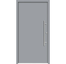 Graue Haustür mit Edelstahlgriff