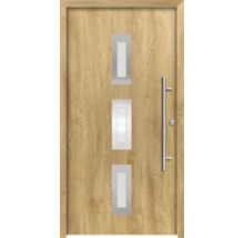 Holztür mit drei Glaseinsätzen und Edelstahlgriff